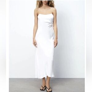 Zara Satin Dress White Satin Slit with Cut Out Detail Dress Size Large
